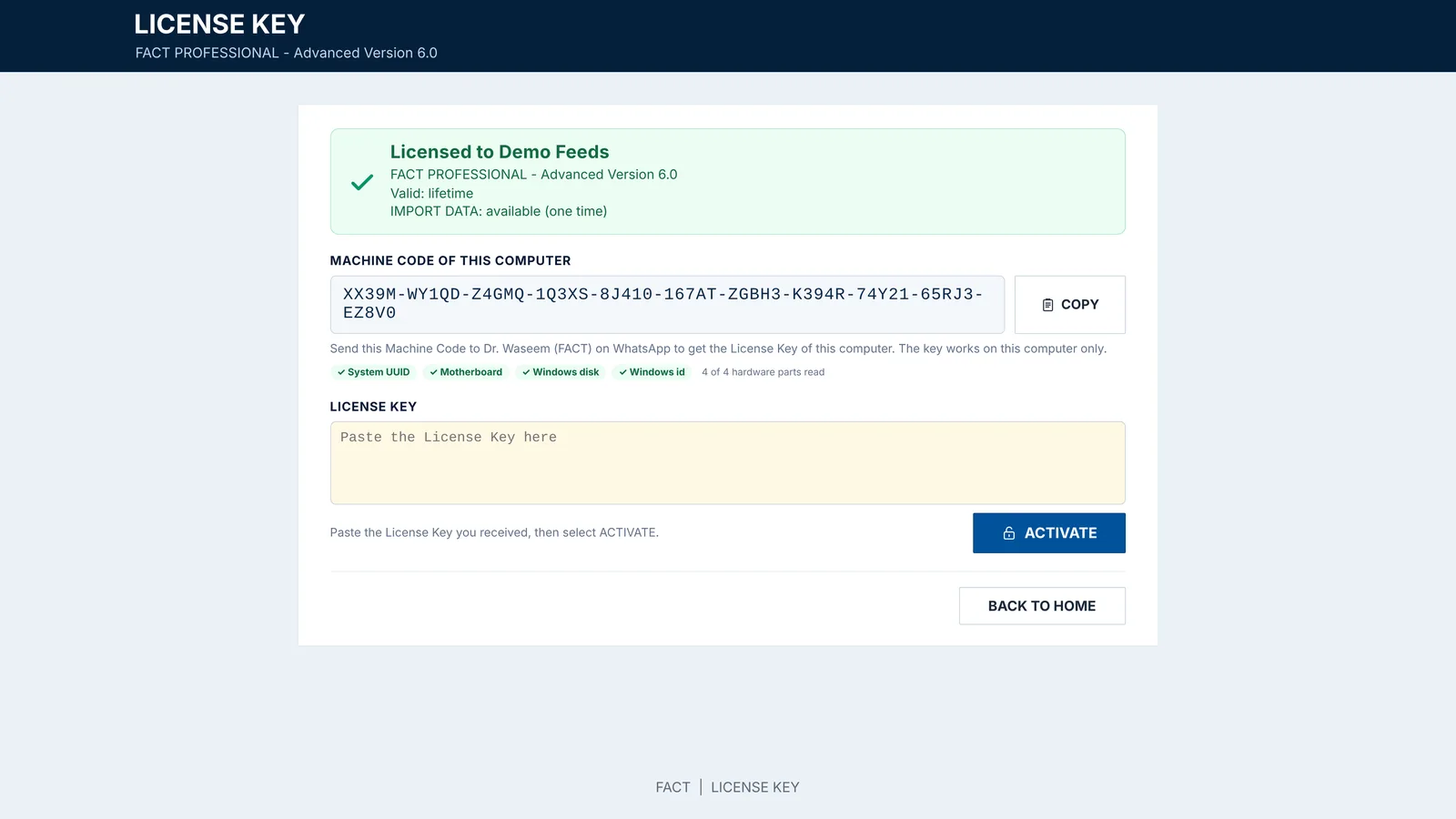 The FACT License Key screen with the Machine Code and the ACTIVATE button (demo)