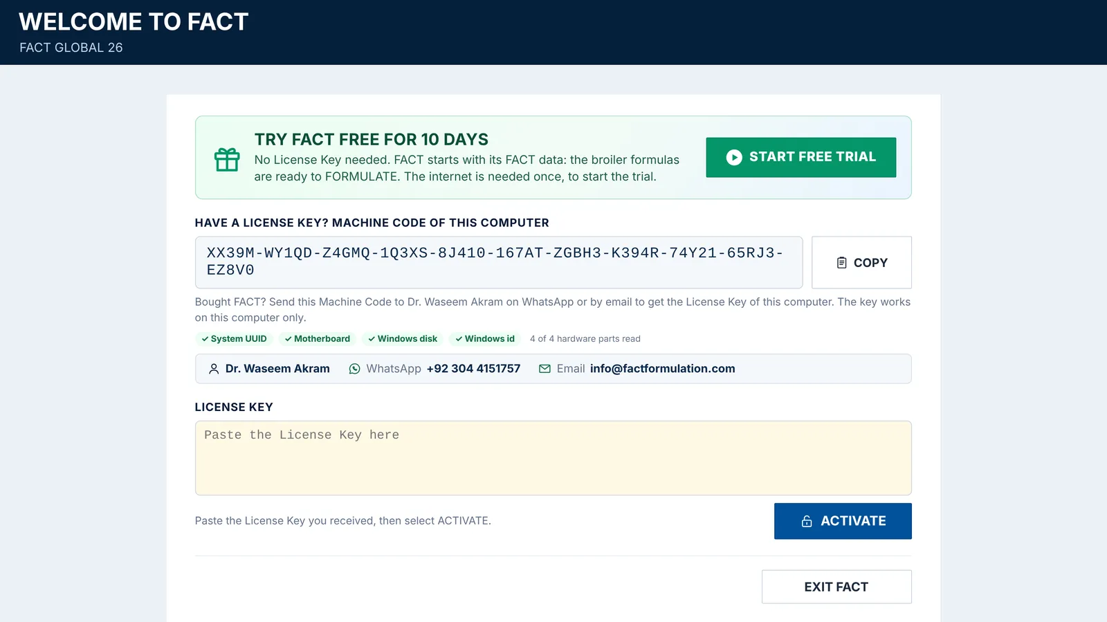 FACT’s first screen: TRY FACT FREE FOR 10 DAYS with START FREE TRIAL, and the Machine Code for a License Key (demo)